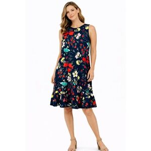 Tommy Hilfiger Floral Dress Womens 4 Navy Blue Ruffle Hem Sleeveless Shift